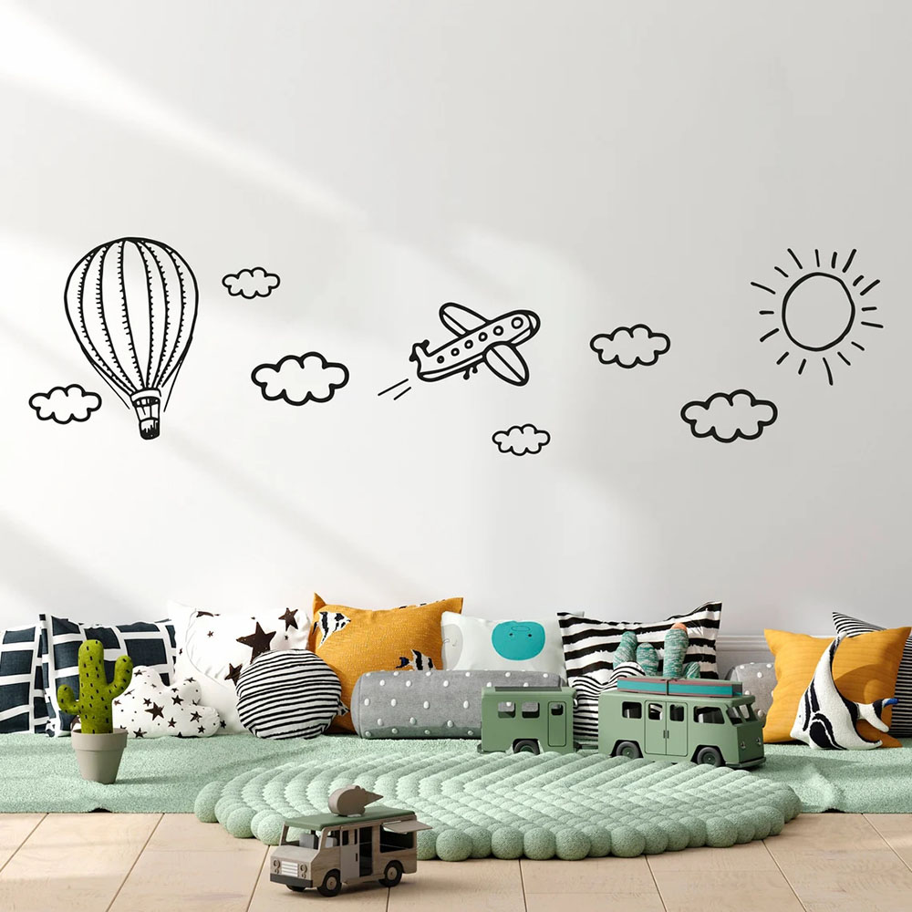 Baby Nursery Vinyl - Stiker Dinding Anak-anak Doodle Pesawat Balon